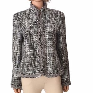 Mac & Jac Gray White Tweed Fringe Blazer Jacket Size 16
